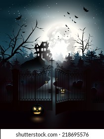 Scary house and graveyard in the woods - Halloween background 