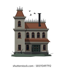 Scary House, Halloween Haunted Mansion with Birds Flying Around it Vector Illustration on White Background