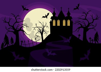 a scary house on a cemetery hill against the backdrop of a full moon of trees and bats