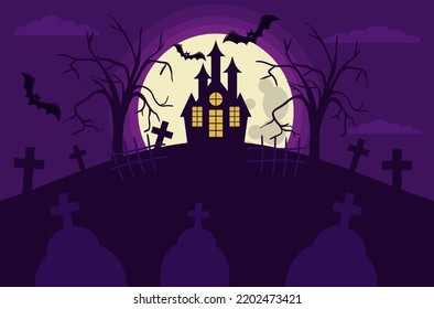 a scary house on a hill against the backdrop of a full moon and bats trees fences and graves