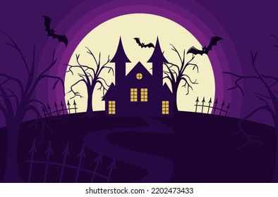 a scary house on a hill against the backdrop of a full moon of trees and fences