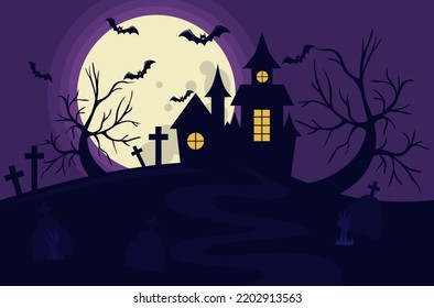 a scary house on a hill against the background of the full moon and bats of trees and graves with the hands of the dead