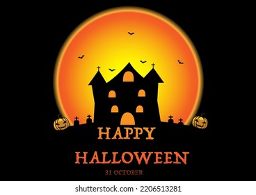 Scary house on the hill among the bush under full moon.Editable vector image,Vector illustration of Halloween background.