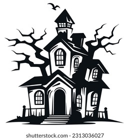Scary house silhouette illustration. Mystical house with monsters and ghosts for Halloween. creepy house.