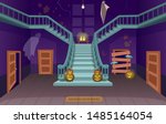 Scary house with stairs, ghosts,  doors, pumpkins. Halloween сartoon vector illustration.