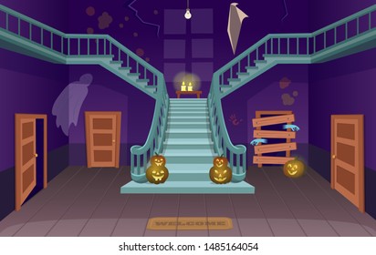 Scary house with stairs, ghosts,  doors, pumpkins. Halloween сartoon vector illustration.