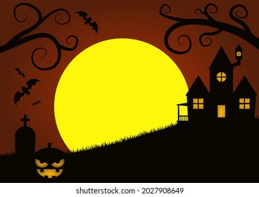 Scary House, Tomb, and Pumpkin in the Dark Night with Big Moon Background, Suitable for Halloween Concept.