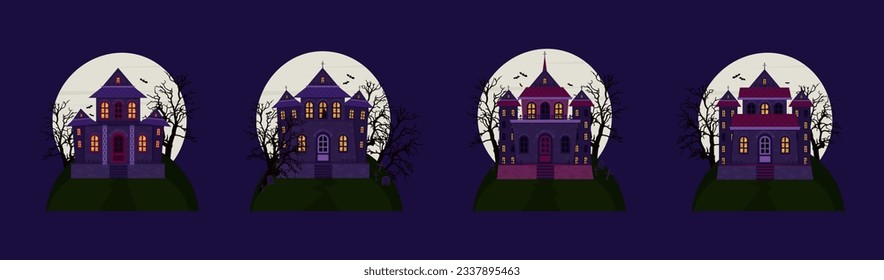 Scary houses of the castle with a cemetery on the background of a full moon. Halloween houses set. Vector illustration.