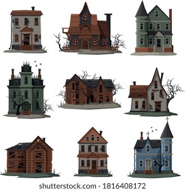 Scary Houses Collection, Halloween Haunted Mansions with Boarded Up Windows Vector Illustration on White Background