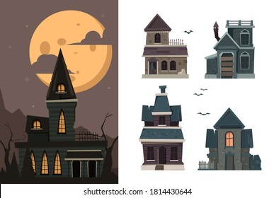 Scary houses. Spooky buildings outdoor village haunted horror constructions for halloween party vector flat pictures