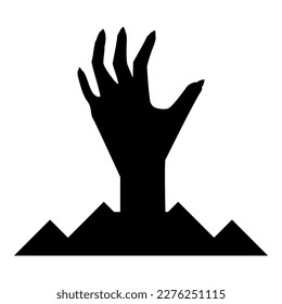 Scary human hand from ground silhouette dead man's Halloween decorative element zombie concept spooky clawed paw sharp nails bony arm fingers man undead icon black color vector illustration image