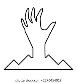 Scary human hand from ground silhouette dead man's Halloween decorative element zombie concept spooky clawed paw sharp nails bony arm fingers man undead contour outline line icon black color vector 