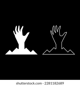 Scary human hand from ground silhouette dead man's Halloween decorative element zombie concept spooky clawed paw sharp nails bony arm fingers man undead set icon white color vector illustration image 