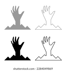 Scary human hand from ground silhouette dead man's Halloween decorative element zombie concept spooky clawed paw sharp nails bony arm fingers man undead set icon grey black color vector illustration 