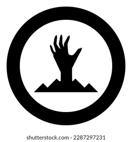 Scary human hand from ground silhouette dead man's Halloween decorative element zombie concept spooky clawed paw sharp nails bony arm fingers man undead icon in circle round black color vector 