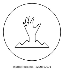 Scary human hand from ground silhouette dead man's Halloween decorative element zombie concept spooky clawed paw sharp nails bony arm fingers man undead icon in circle round black color vector 
