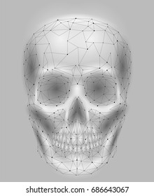 Scary human skull bone. Man head jaw eyes nose tooth. Low poly geometric connected dots triangle future technology design background gray white vector medicine illustration