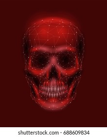 Scary human skull bone. Man head jaw eyes nose tooth. Low poly geometric connected dots triangle future technology design background red vector medicine illustration