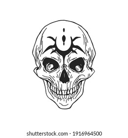Scary human skull with jaws or part of skeleton with tattoo on elbow. Occult object for witchcraft, sorcery and wizardry. Hand-drawn vector illustration isolated on white background