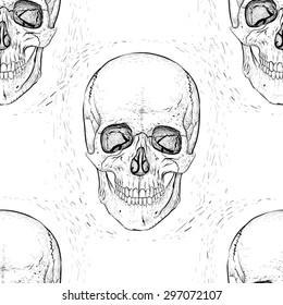 Scary human skulls pattern background.