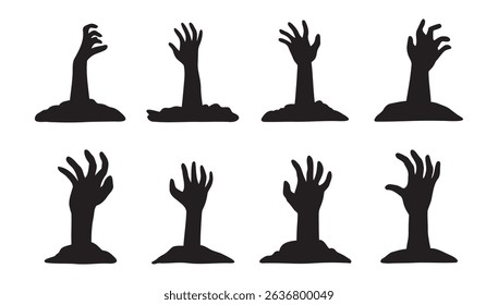 Scary human or zombie hand from the ground silhouette icon set. hand Halloween decorative element. Vector illustration