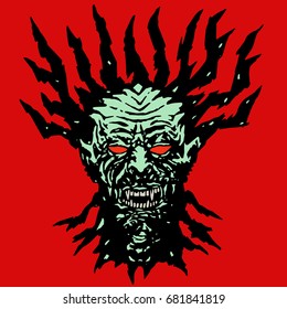 Scary hungry vampire head. Vector illustration. Angry character face for halloween. The horror genre.