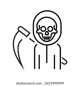 Ícone assustador de um ceifador segurando uma foice, representando a morte e a escuridão. Popular em desenhos de horror e Halloween. Ícones de estrutura de tópicos Coleção. traçado editável. ilustração de vetor