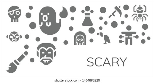 scary icon set. 11 filled scary icons.  Collection Of - Skull, Ghost, Vampire, Death, Broomstick, Vulture, Poison, Dracula, Scythe, Voodoo doll, Spider