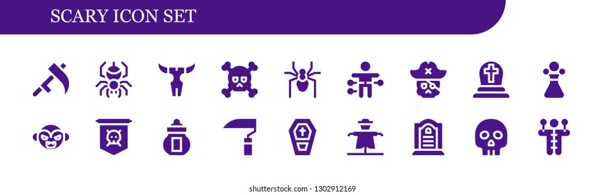 scary icon set. 18 filled scary icons.  Simple modern icons about  - Scythe, Spider, Skull, Voodoo doll, Cemetery, Poison, Vampire, Jolly roger, Ossuary, Coffin, Scarecrow, Tombstone