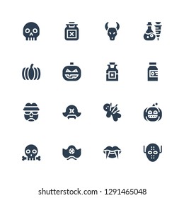 scary icon set. Collection of 16 filled scary icons included Serial killer, Vampire, Pirate hat, Skull, Pumpkin, Voodoo, Frankenstein, Poison