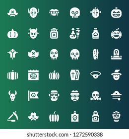 scary icon set. Collection of 36 filled scary icons included Mexican skull, Poison, Pumpkin, Pirate hat, Scythe, Skull, Frankenstein, Pirate flag, Witch, Eyepatch, Coffin, Halloween