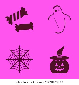 scary icon set with halloween candy, spider web and ghost vector illustration