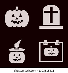 scary icon set with pumpkin witch hat, pumpkin and grave vector illustration