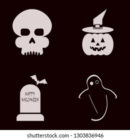 scary icon set with pumpkin witch hat, happy halloween and skull vector illustration