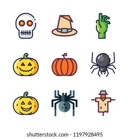 scary icon set. vector set about pumpkin, witch, zombie and scarecrow icons set.