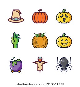 scary icon set. vector set about zombie, scarecrow, pumpkin and witch icons set.