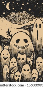 Scary illustration with a ghosts and night sky. Halloween style. Ink drawn cartoon artwork.