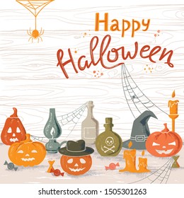 Scary illustration of pumpkins on a table with oil lamps, cobweb poison, and witch hat and inscription. Autumn holiday night spooky background with letters. Halloween spooky poster, greeting card.