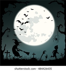Scary image for Halloween. Background with moon. Fear and horror. The child is afraid of.