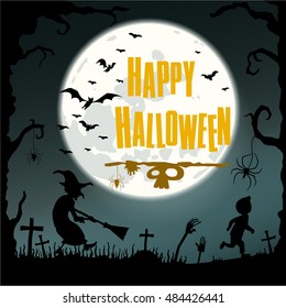 Scary image for Halloween with text. Background with moon. Fear and horror. The child is afraid of.