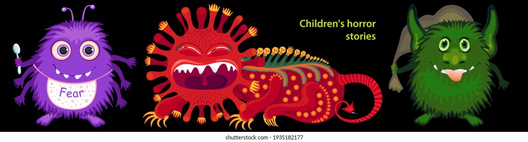 Scary images of children's fears. Creepy cartoon monster characters. Vector Illustration