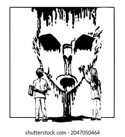 Cara de tinta aterradora en la pared. Dos niños están pintando. Ilustración vectorial en blanco y negro.