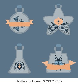 Scary insect poison elixir icons set for video games