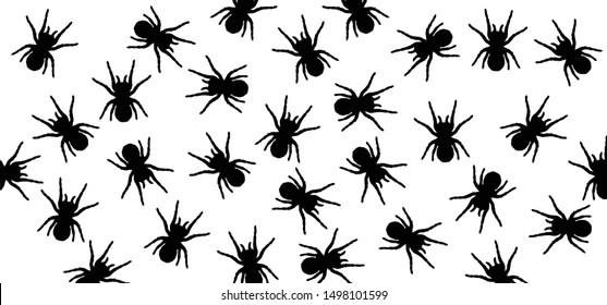 Scary insect spider banner. Vector spiders, spin web sign. Happy halloween party. Creepy, horror insect pictogram. Webbing cobweb icon. Cartoon silhouette. Accident, fear, scary for man and woman.