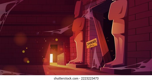 Scary interior of ancient pyramid in Egypt. Pharaoh tomb with stone statues, hieroglyphs and wooden warning sign inside. Abandoned Egyptian temple with forbidden entrance, vector cartoon illustration