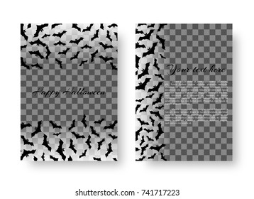 Scary invitation card with bats for festive Halloween design on a transparent backdrop. Vector illustration.