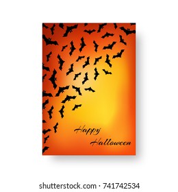 Scary invitation card template with bats for festive Halloween design on the orange backdrop. Vector illustration.