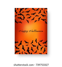 Scary invitation template for a party with bats for festive decoration for Halloween on the orange backdrop. Vector illustration.