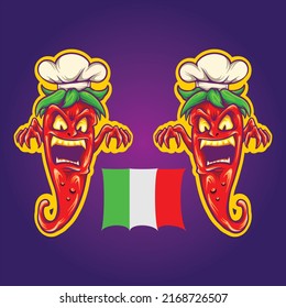 Scary italian spicy chilli with chef hat vector illustrations for your work logo, merchandise t-shirt, stickers and label designs, poster, greeting cards advertising business company or brands