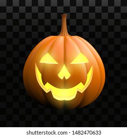 Scary Jack O Lantern halloween pumpkin, with candle light inside. 3D realistic vector illustration on a transparent background. 